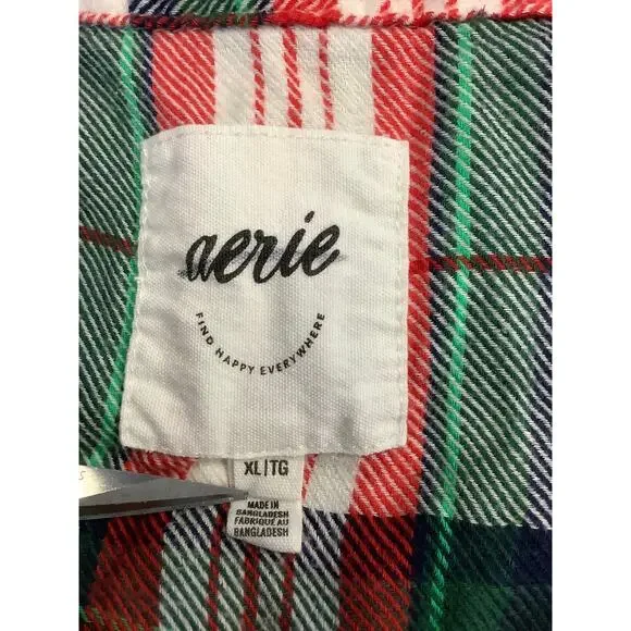 Aerie Women's XL White Green Off Duty Plaid Flannel Pajama Shirt Lounge I31-1 - Picture 6 of 8